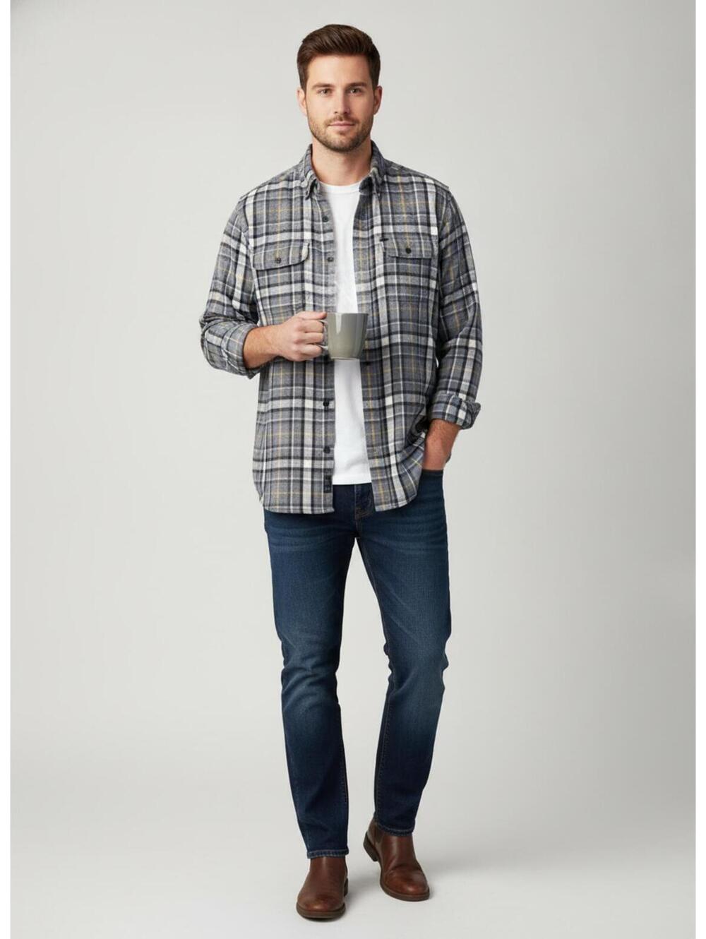 L.L. Bean Gray Plaid Button-Up Flannel Shirt Men's Long Sleeve Large - Picture 4 of 4